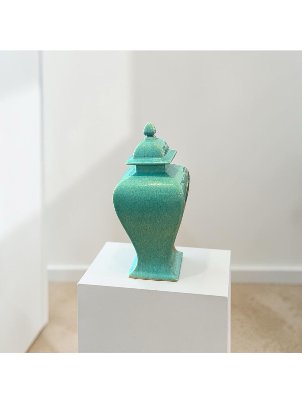 Vintage Turquoise Crackle Glaze Ceramic Temple Ginger Jar Square Lidded Vase 10"